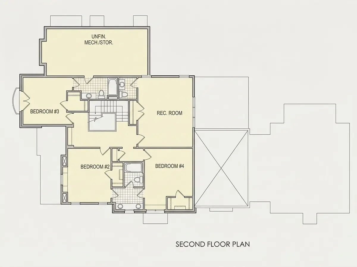 Second Floor 2 – 2-Story House Plan 3877 ft²: 4 Beds, 5.5 Baths, Open Floor Plan, 2-Car Garage — 94639R