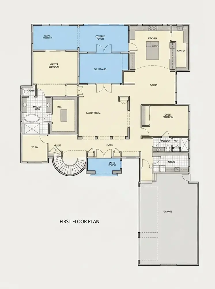 Main Floor 12 – 2-Story House Plan 4820 ft²: 5 Beds, Home Office, 4 Baths, 3-Car Garage — 64737R