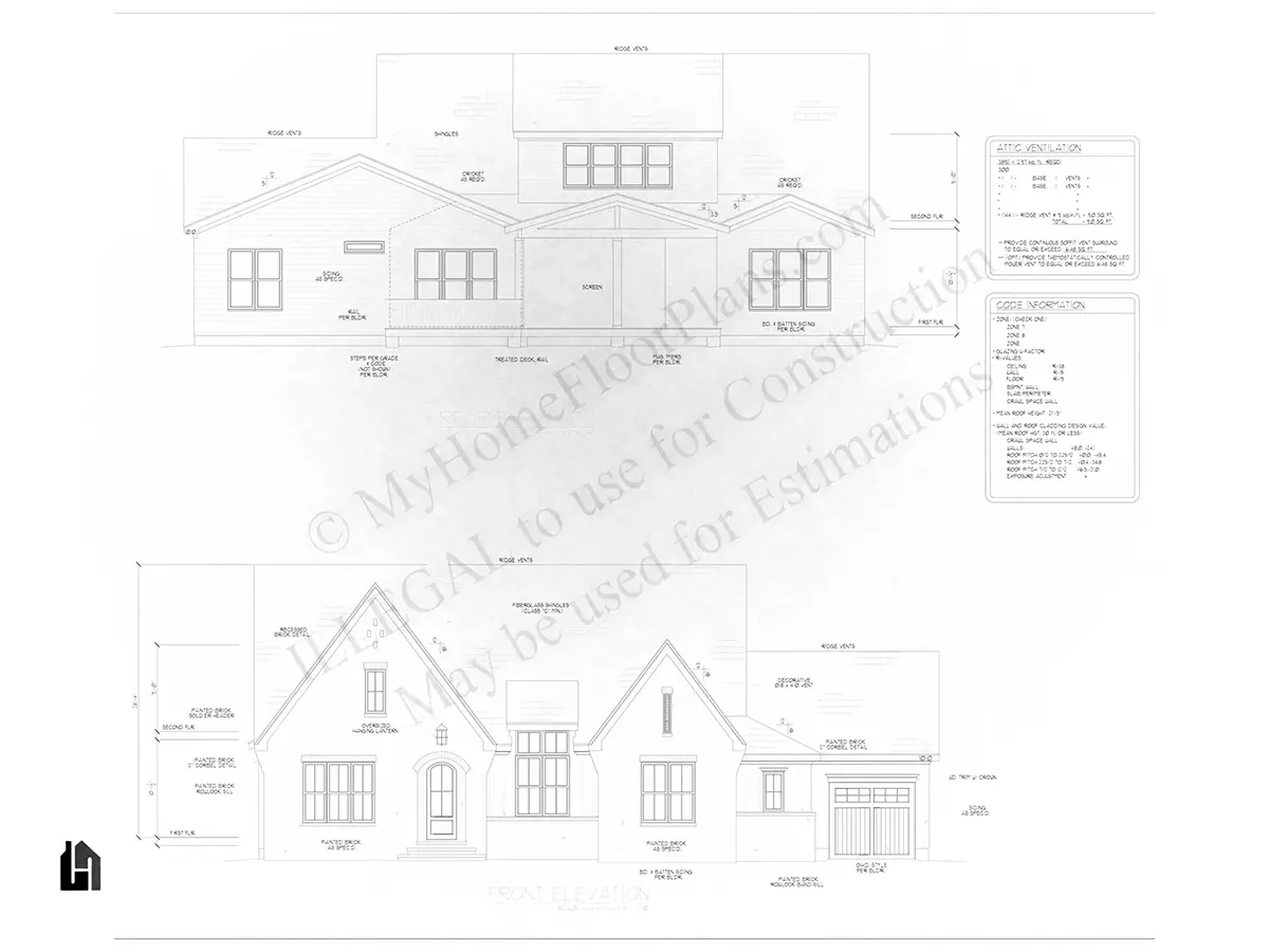 Exterior Elevations 11 – 2-Story House Plan 3691 ft²: 4 Beds, Home Office, 5.5 Baths, Open Floor Plan, 3-Car Garage — 63741R