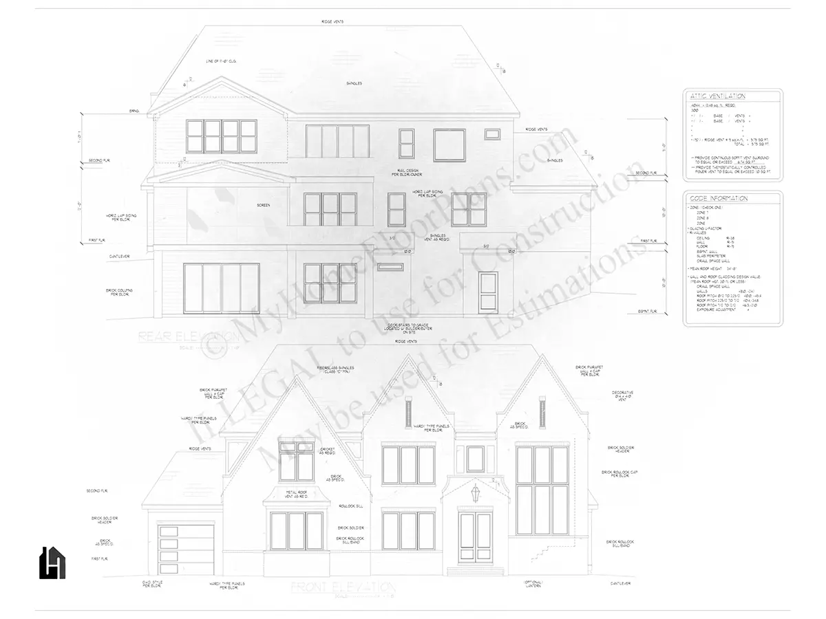 Exterior Elevations 7 – 2-Story House Plan with Basement 6713 ft²: 5 Beds, Home Office, 6 Baths, Open Floor Plan, 3-Car Garage — 82614R