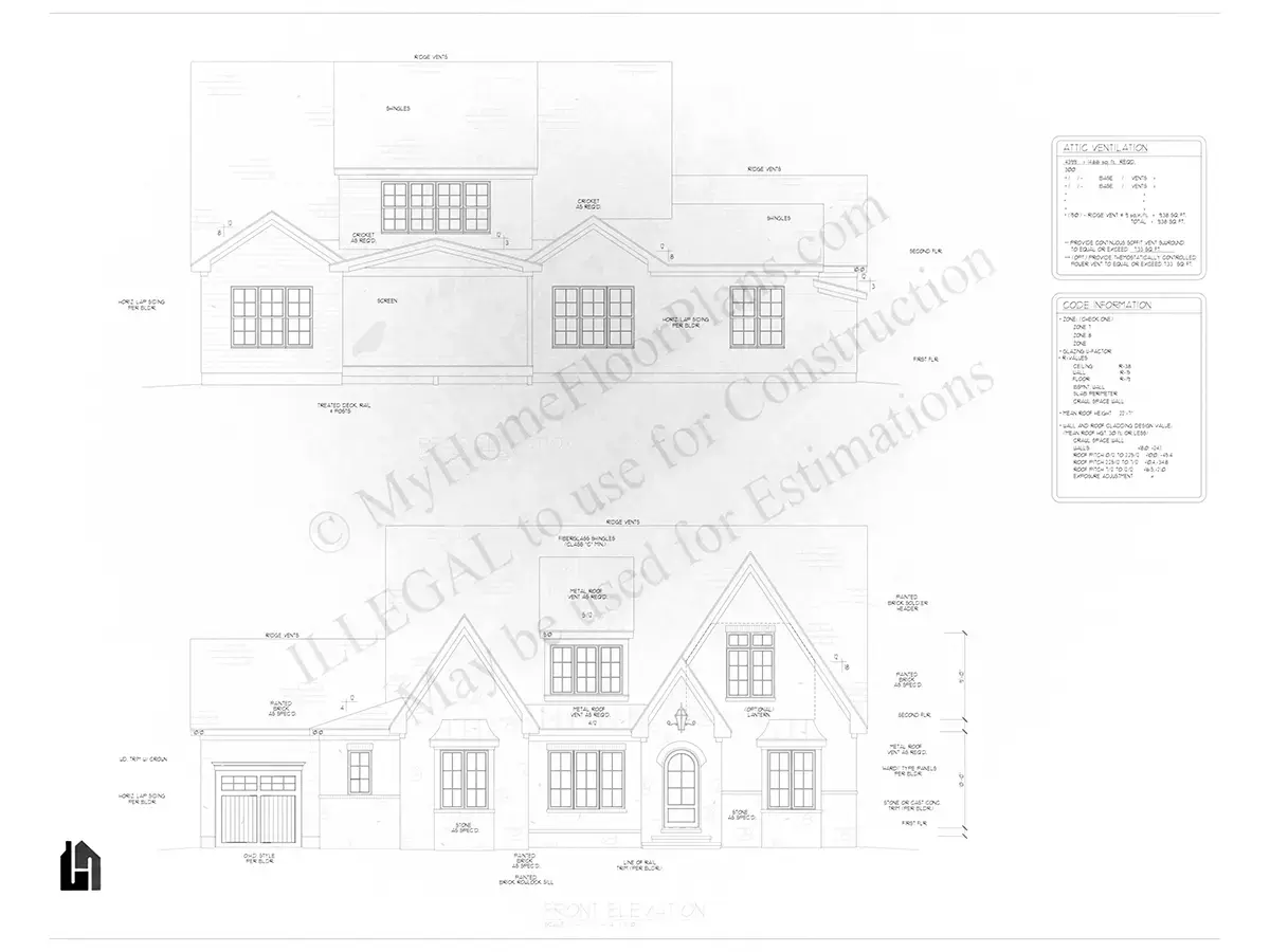 Exterior Elevations 9 – 1.5-Story House Plan 4620 ft²: 6 Beds, 5.5 Baths, Open Floor Plan, 3-Car Garage — 85530R