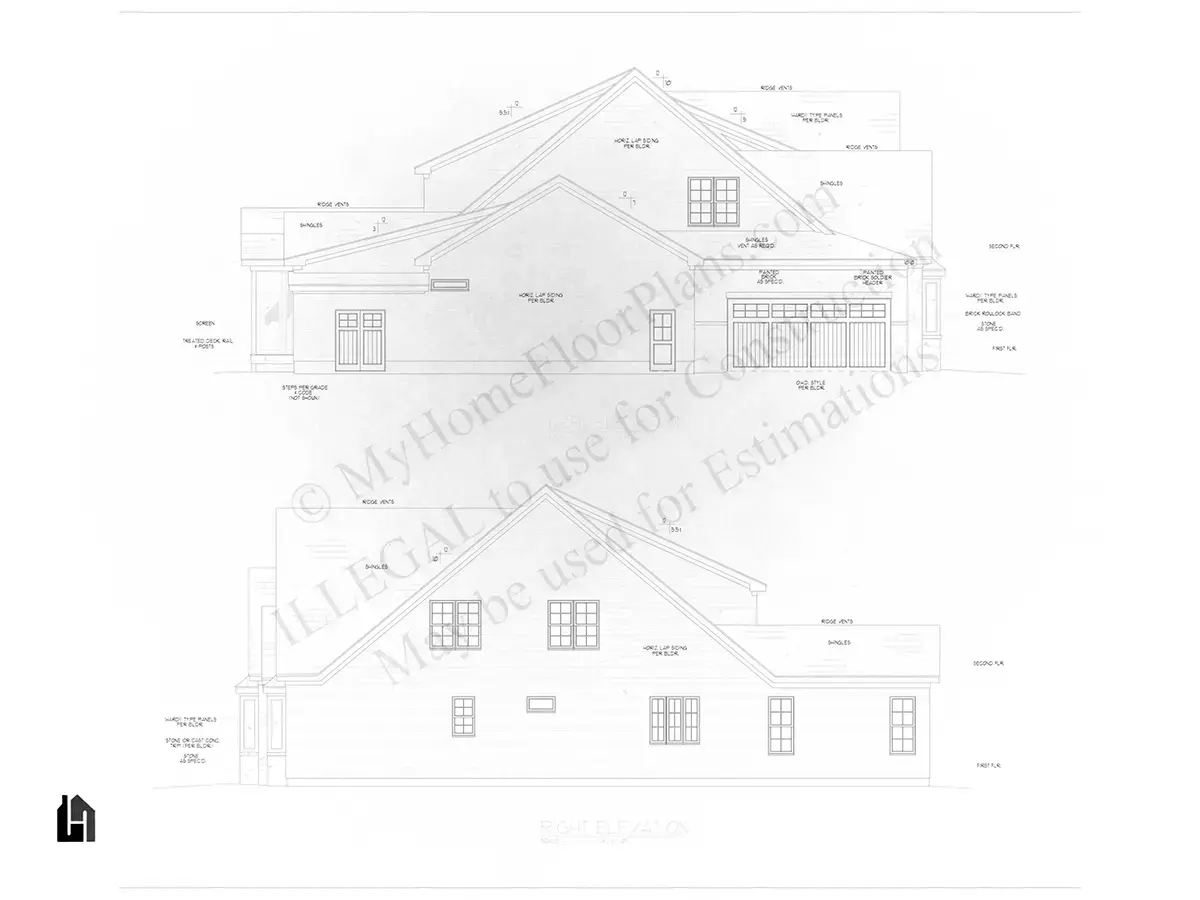 Exterior Elevations 10 – 1.5-Story House Plan 4620 ft²: 6 Beds, 5.5 Baths, Open Floor Plan, 3-Car Garage — 85530R