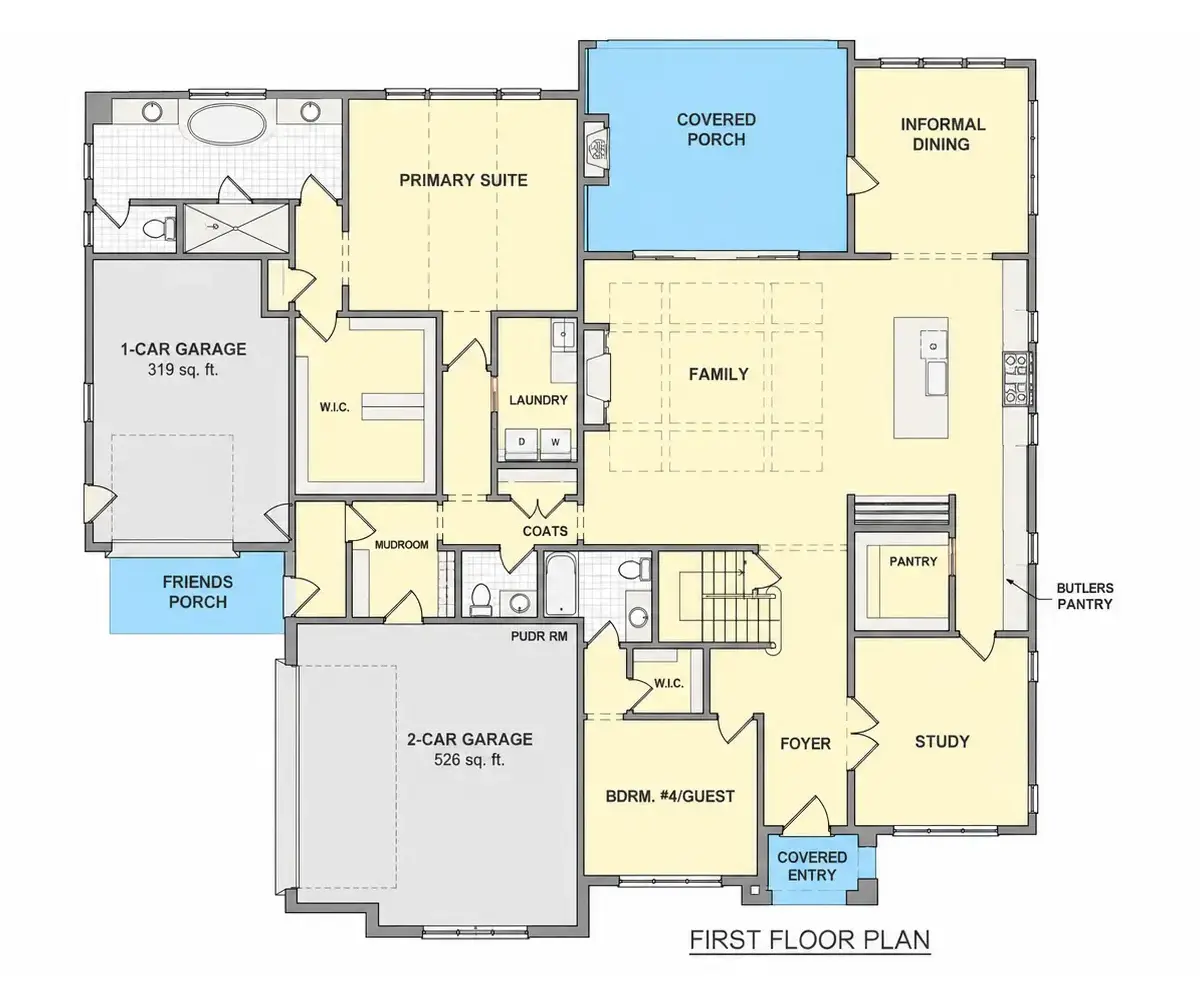 Main Floor 18 – 2-Story House Plan 4277 ft²: 4 Beds, Home Office, 5 Baths, Open Floor Plan, 3-Car Garage — 38077R