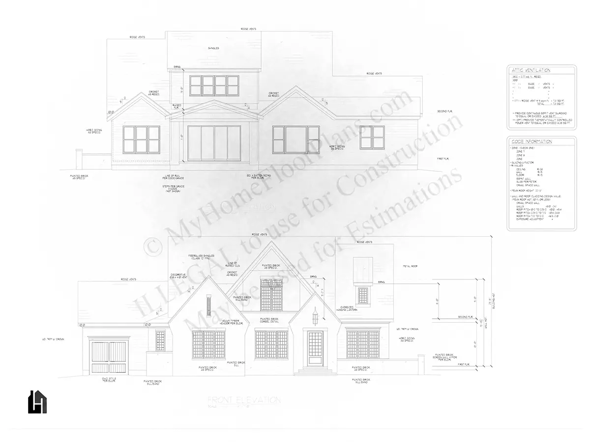 Exterior Elevations 16 – 2-Story House Plan 4277 ft²: 4 Beds, Home Office, 5 Baths, Open Floor Plan, 3-Car Garage — 38077R