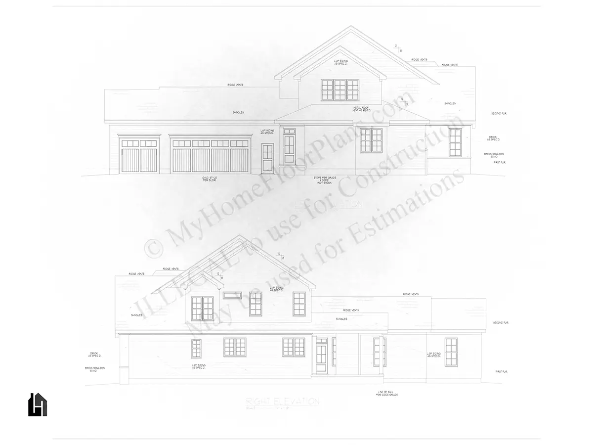 Exterior Elevations 23 – 2-Story House Plan 3783 ft²: 4 Beds, 4.5 Baths, Open Floor Plan, 3-Car Garage — 93928R
