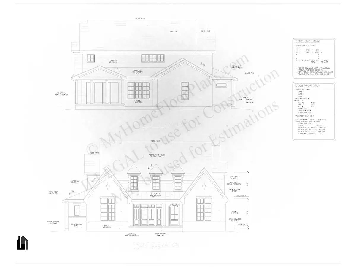 Exterior Elevations 22 – 2-Story House Plan 3783 ft²: 4 Beds, 4.5 Baths, Open Floor Plan, 3-Car Garage — 93928R