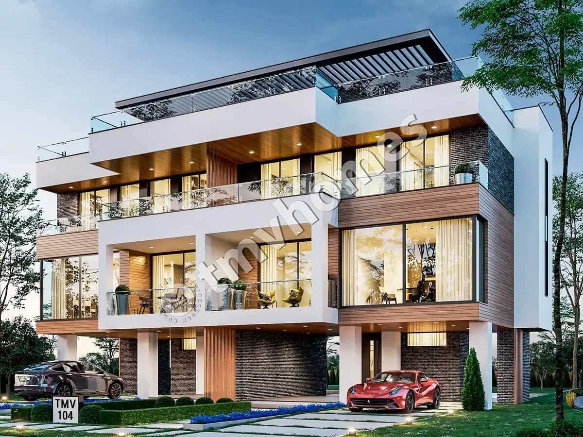 3-Story Modern Duplex Plan with Large Windows and Rooftop Deck – 1354 ft² Sq Ft per Unit