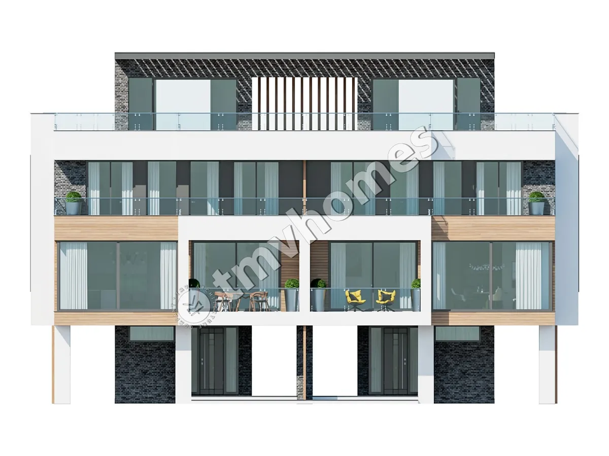 3-Story Modern Duplex Plan with Large Windows and Rooftop Deck – 1354 ft² Sq Ft per Unit