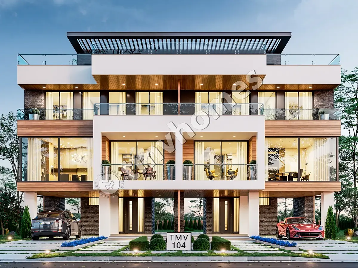 3-Story Modern Duplex Plan with Large Windows and Rooftop Deck – 1354 ft² Sq Ft per Unit