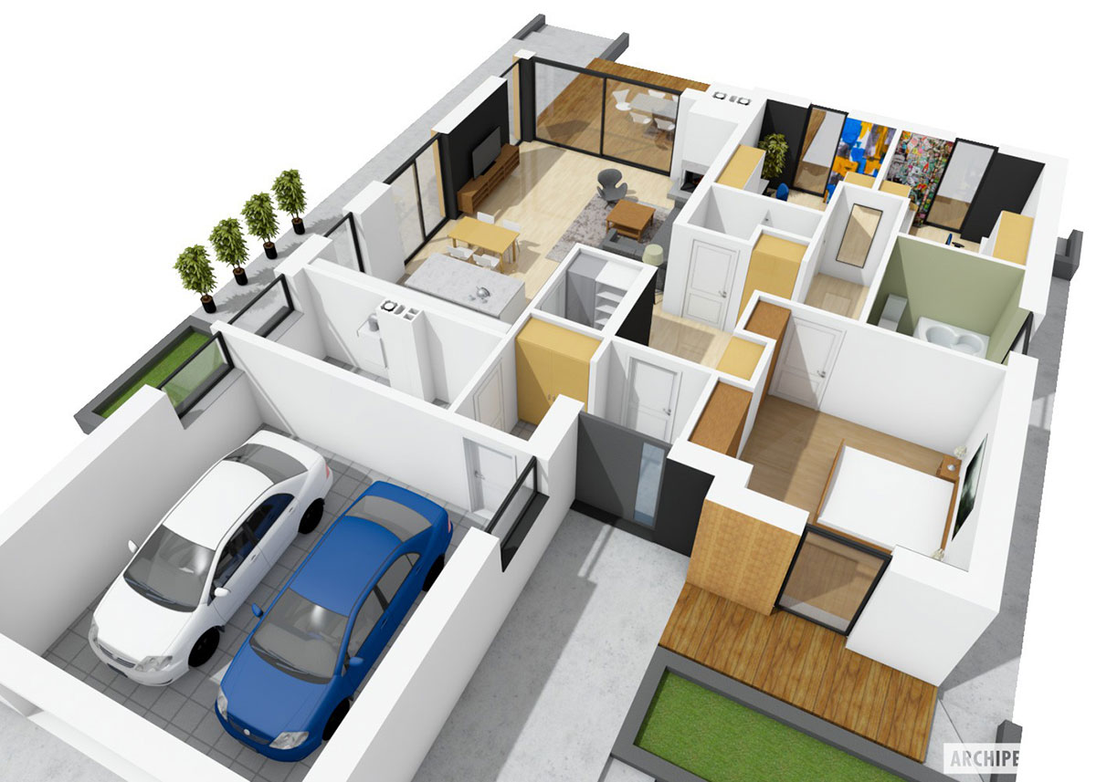 L-Shaped Single Level European House Plan with 2-Car Garage