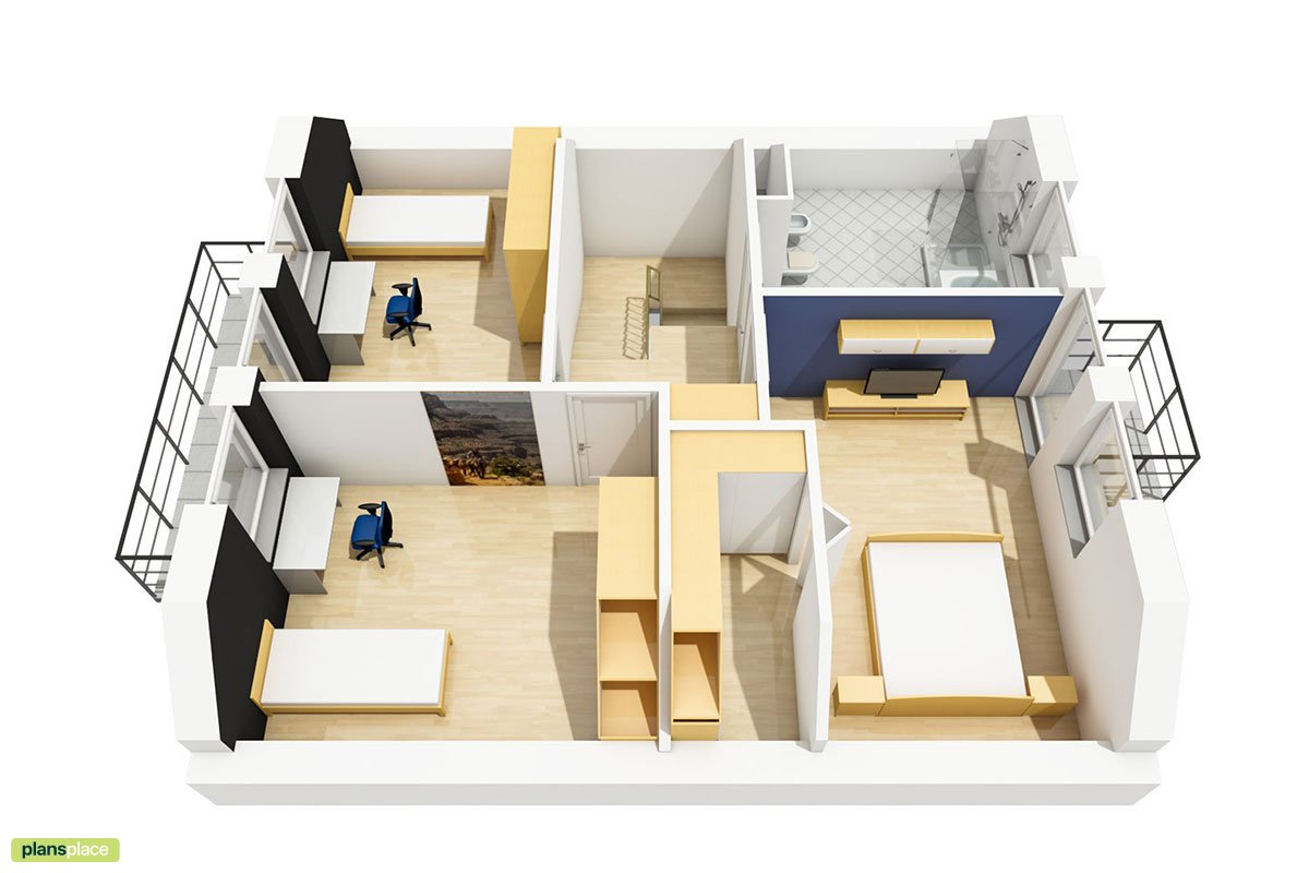 Simple House Plan with 3 Beds Upstairs and Home Office