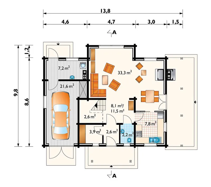 Main Floor 1 – Log Home Plan with 3 Beds and 2-Sided Fireplace