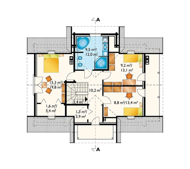 Second Floor 1 – Log Home Plan with 3 Beds and 2-Sided Fireplace