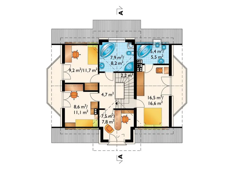 Second Floor 1 – European 2-Story House Plan with 2 Balconies