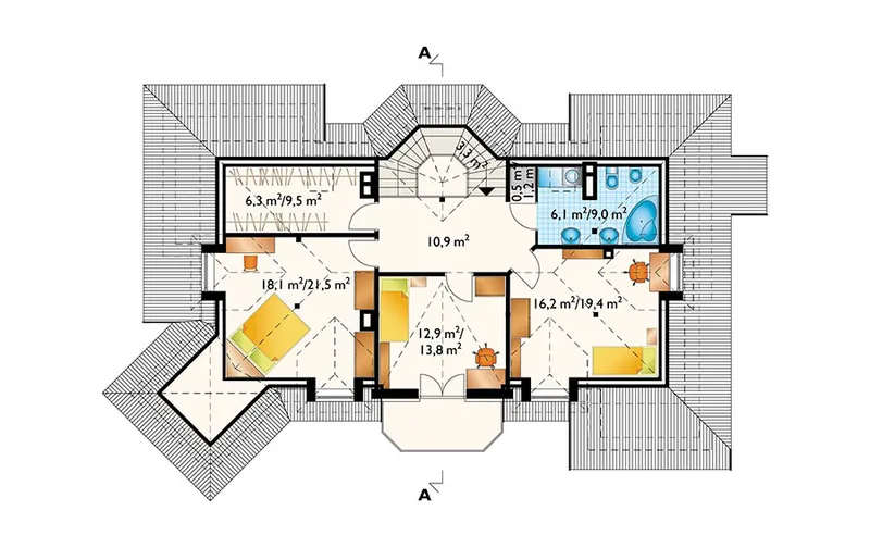 Second Floor 1 – Castle House Plan with Portico and Garage