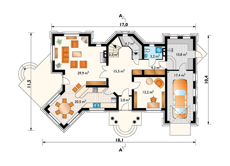 Main Floor 1 – Castle House Plan with Portico and Garage