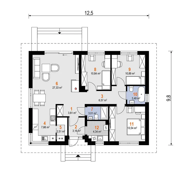 Main Floor 1 – 1-Story European Hip Roof Plan with 3 Bedrooms