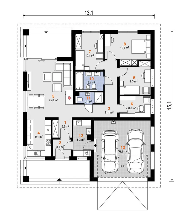 Main Floor 1 – T-Shaped Home Plan with Corner Windows