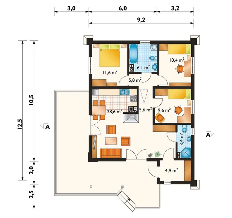 Main Floor 1 – 900 Sq Ft Bungalow House Plan with Front Porch