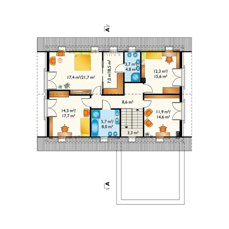 Second Floor 1 – 2100 Sq Ft L-Shaped House Plan with Fireplace