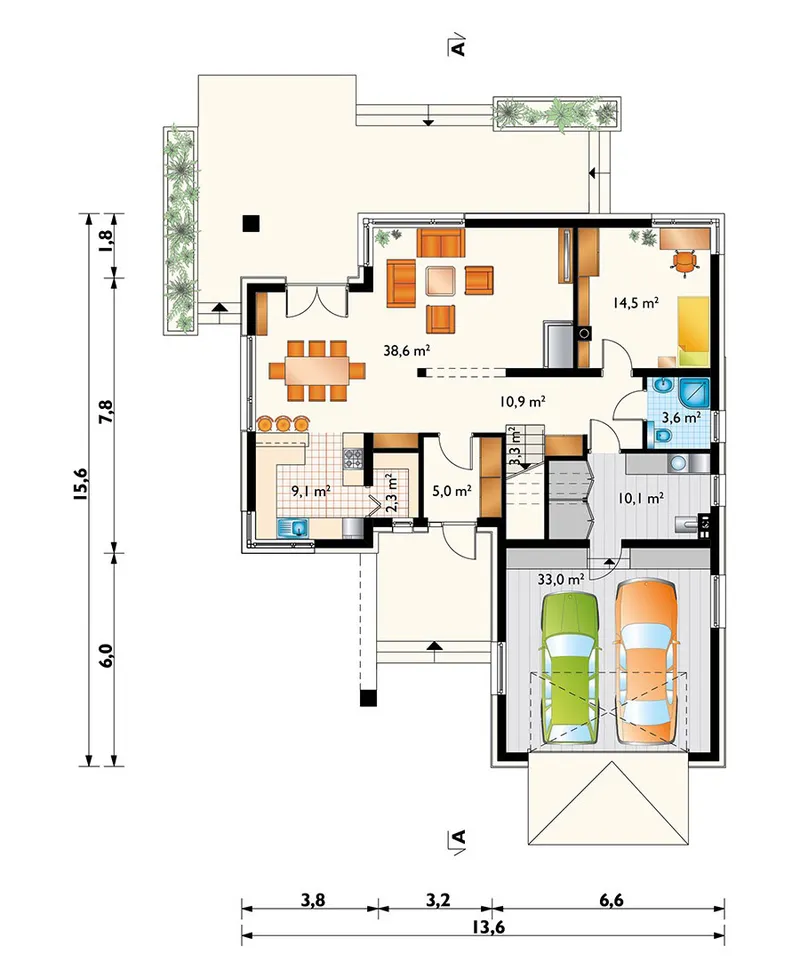Main Floor 1 – 2100 Sq Ft L-Shaped House Plan with Fireplace