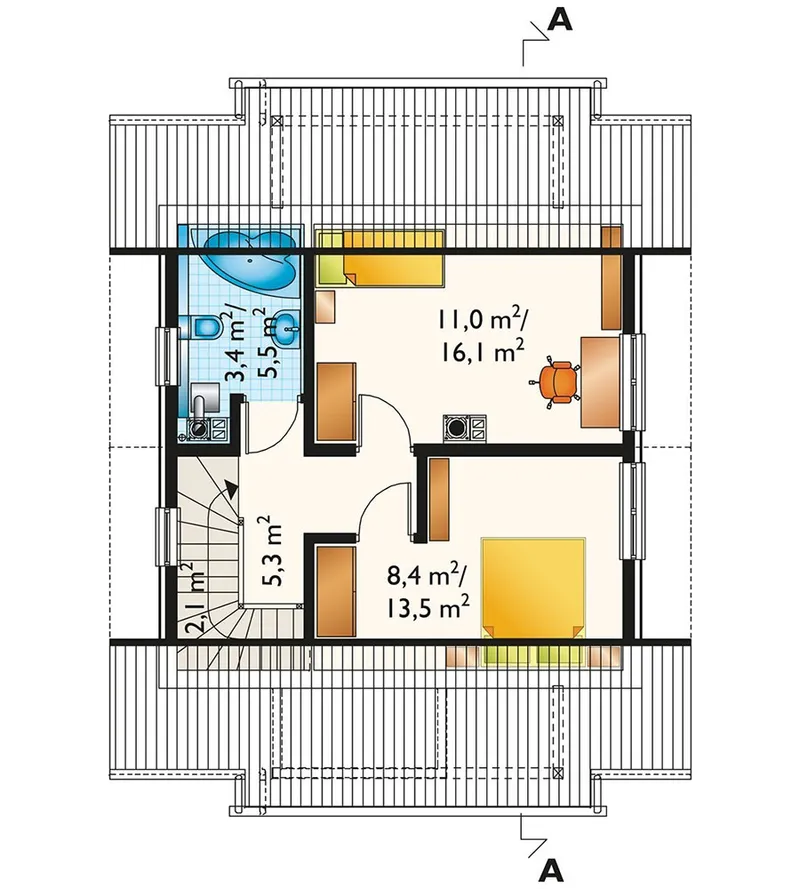 Second Floor 1 – 1000 Sq Ft Gable Roof House Plan with 2 Bedrooms