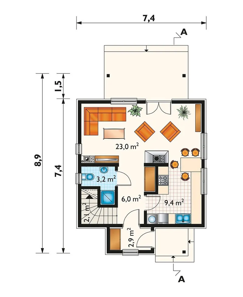 Main Floor 1 – 1000 Sq Ft Gable Roof House Plan with 2 Bedrooms