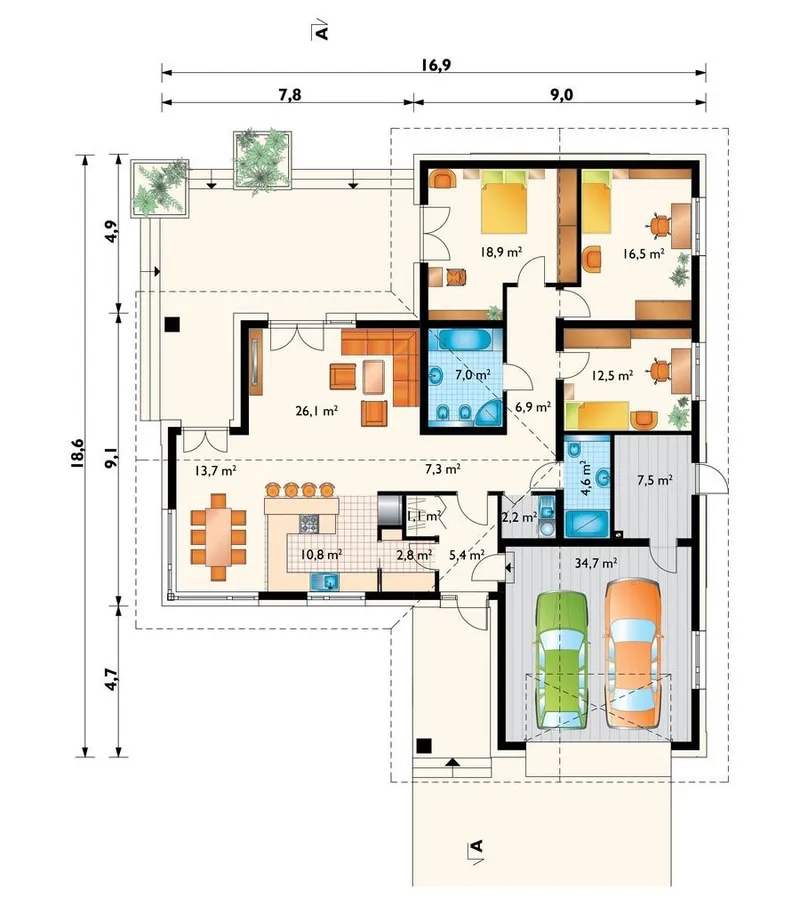 Main Floor 1 – One-Story Gable Roof House Plan with 3 Gables