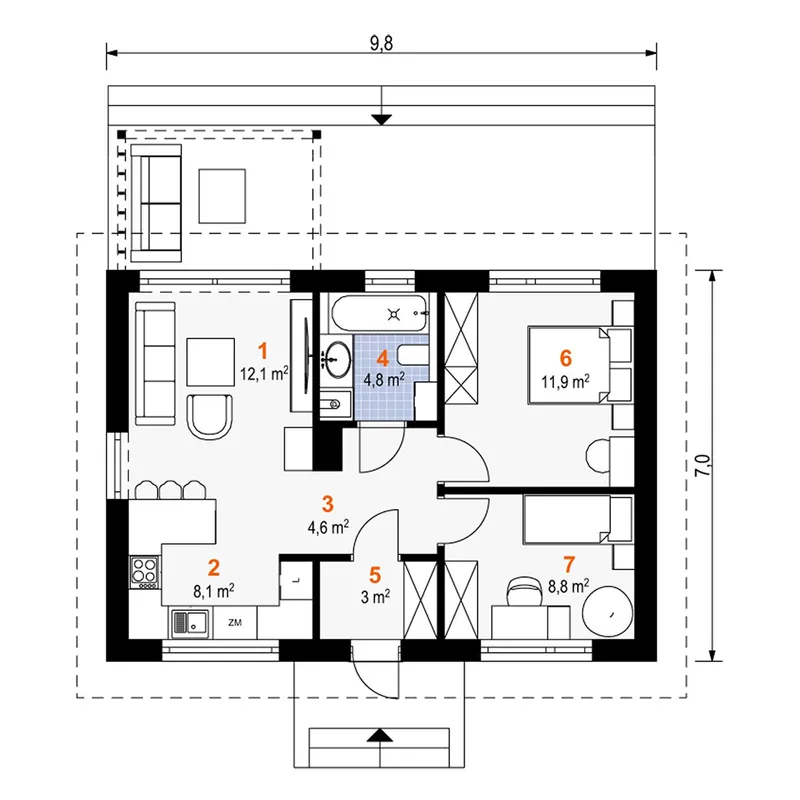Main Floor 1 – 600 Sq Ft Small House Plan with Gable Roof