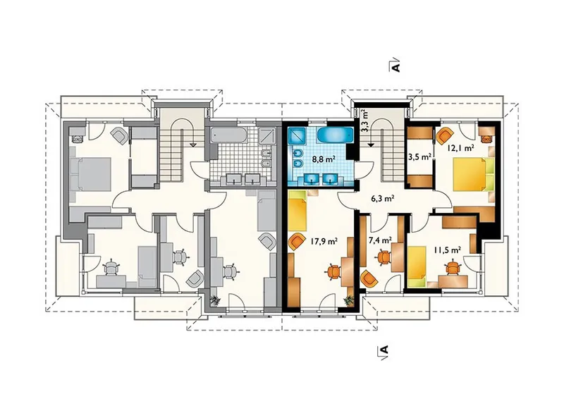 Second Floor 1 – Traditional Duplex Plan with 1400 Sq Ft Per Unit