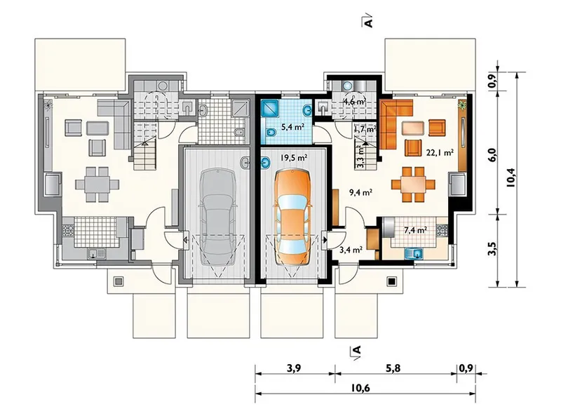 Main Floor 1 – Traditional Duplex Plan with 1400 Sq Ft Per Unit