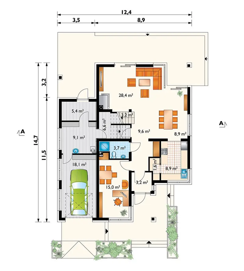 Main Floor 1 – 2-Story House Plan with Corner Fireplace