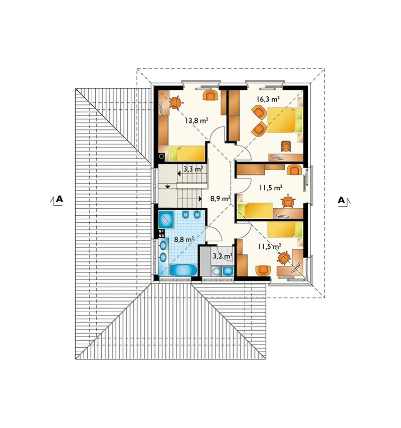 Second Floor 1 – 2-Story House Plan with Corner Fireplace