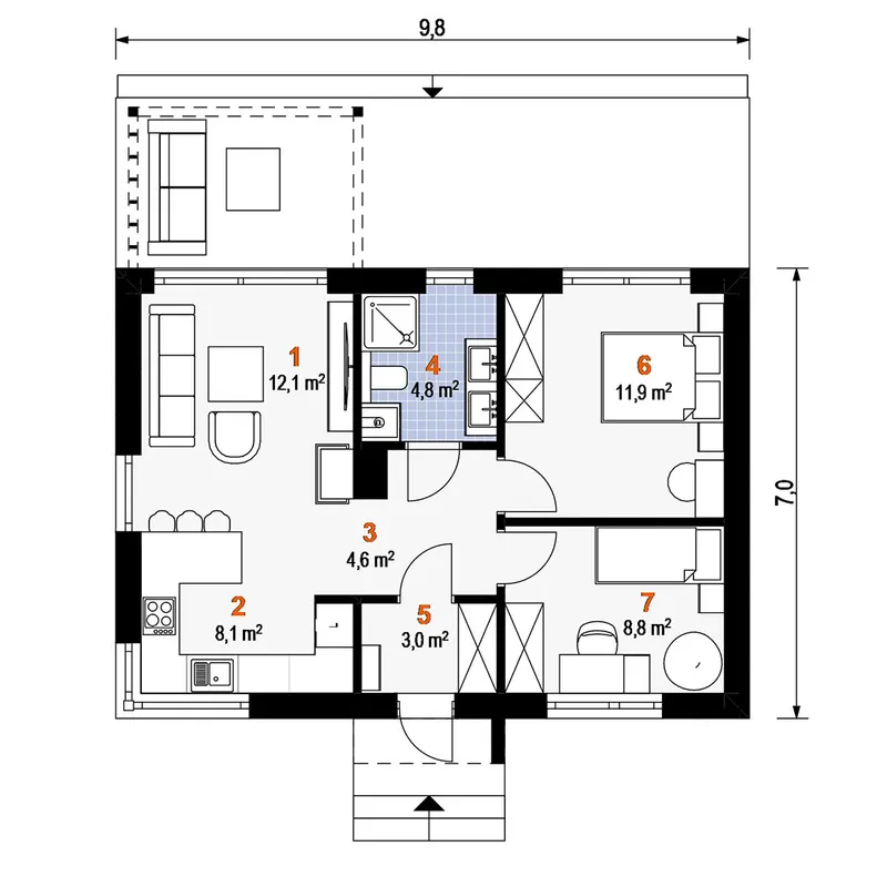 Main Floor 1 – 500 Sq Ft Small House Plan with 2 Bedrooms