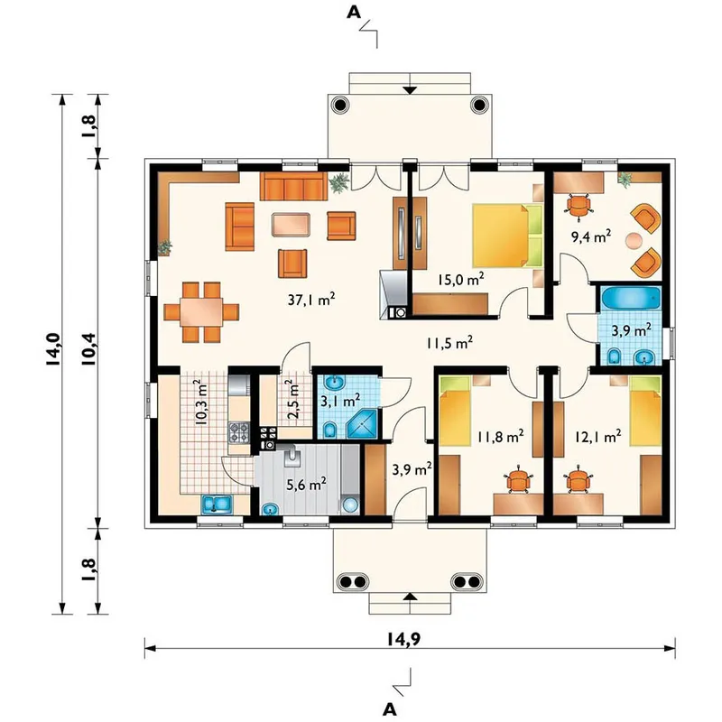 Main Floor 1 – 1300 Square Foot Hipped Roof Cottage House Plan