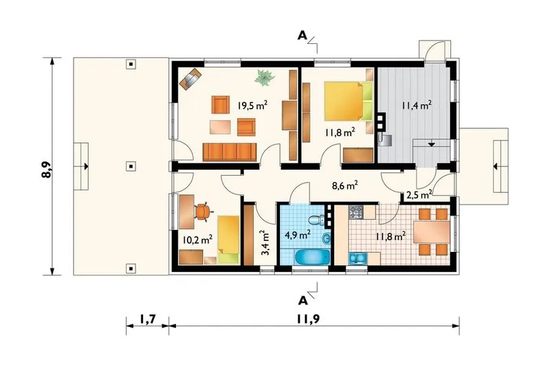 Main Floor 1 – Simple House Plan with Gable Roof and 2 Beds