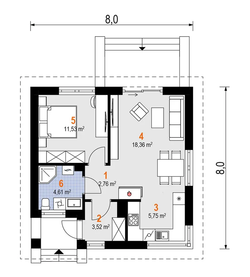 Main Floor 1 – 500 Sq Ft Tiny House Plan with Pyramid Roof