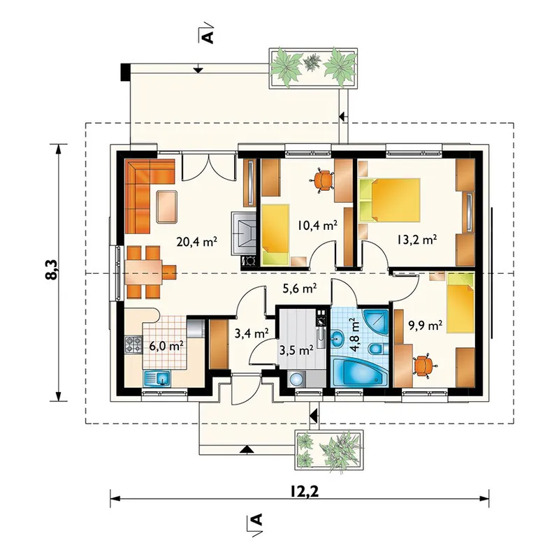 Main Floor 1 – 800 Sq Ft Small House Plan with 3 Bedrooms