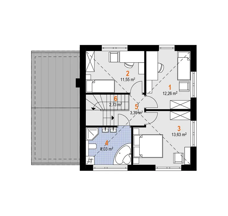 Second Floor 1 – 3-Bed, 1200 Sq Ft Flat Roof House Plan with Garage