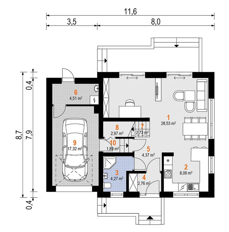 Main Floor 1 – 3-Bed, 1200 Sq Ft Flat Roof House Plan with Garage