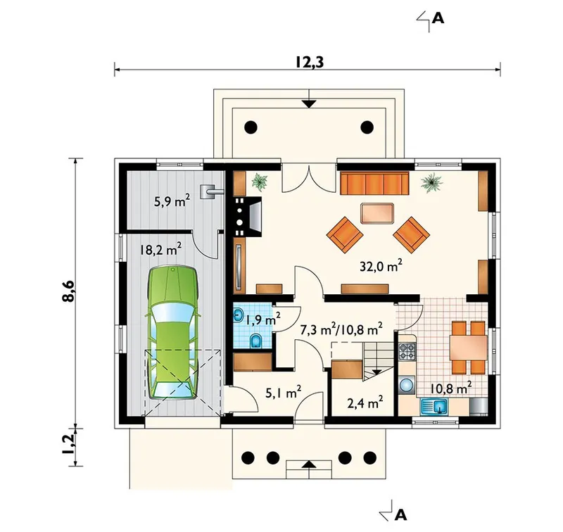 Main Floor 1 – Cottage House Plan with Gambrel Roof and Garage