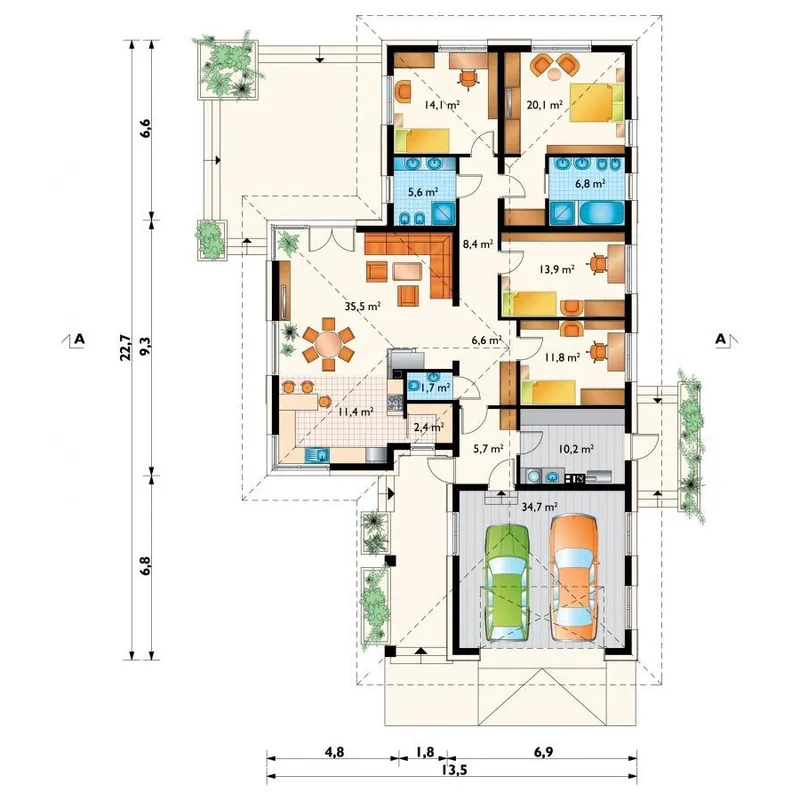 Main Floor 1 – 4-Bed, 1600 Sq Ft House Plan with 2-Car Garage
