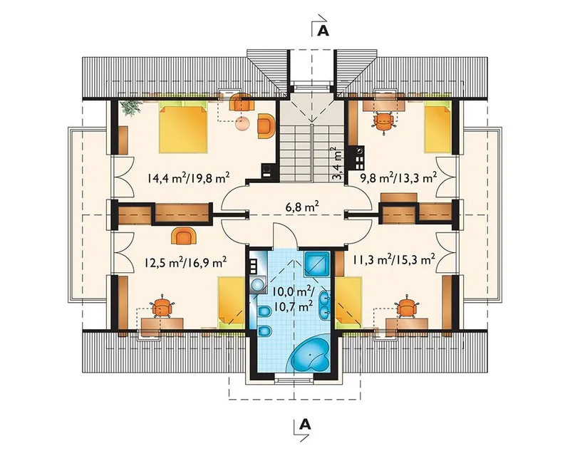 Second Floor 1 – House Plan with 2 Balconies and Gable Roof