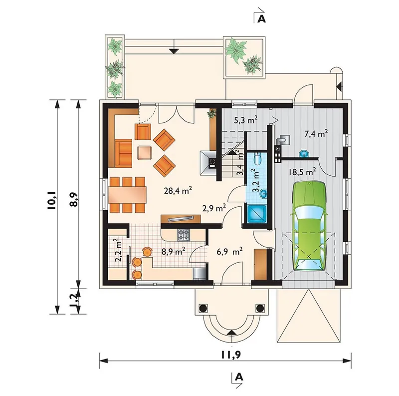 Main Floor 1 – House Plan with 2 Balconies and Gable Roof