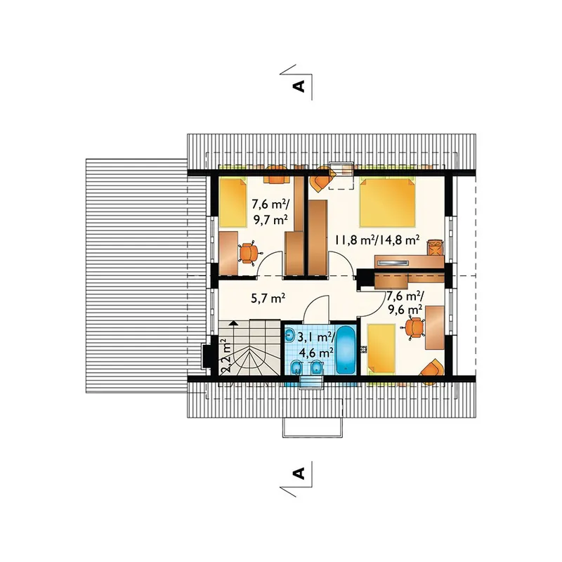 Second Floor 1 – 1000 Sq Ft Gable Roof House Plan with Rear Deck