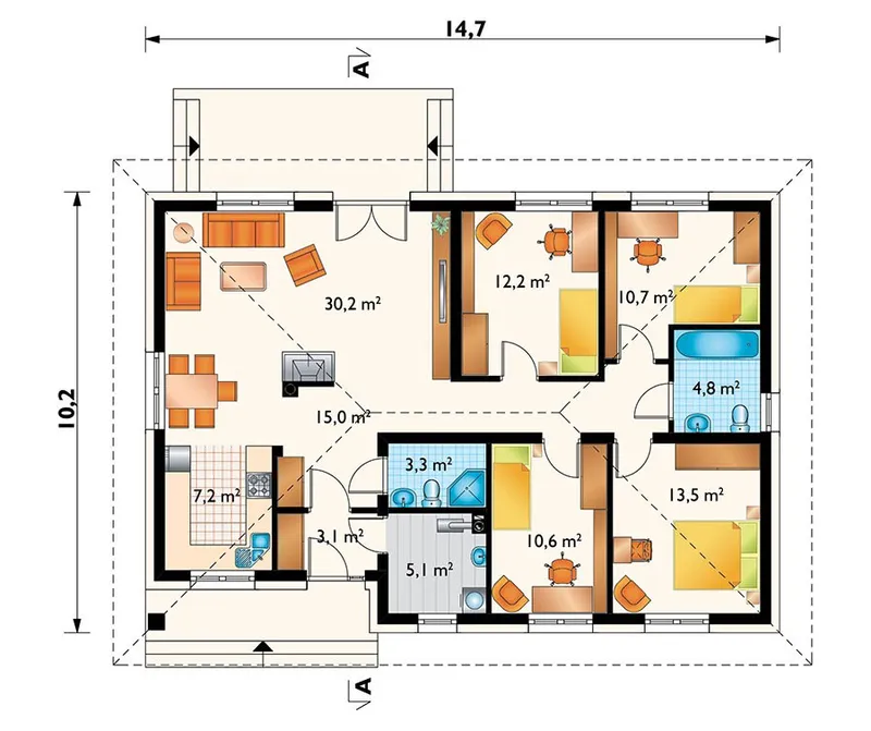 Main Floor 1 – 4-Bedroom, 1200 Sq Ft Floor Plan with Fireplace