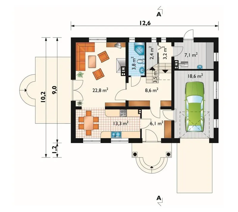 Main Floor 1 – Cottage Home Plan with Living Room above Garage