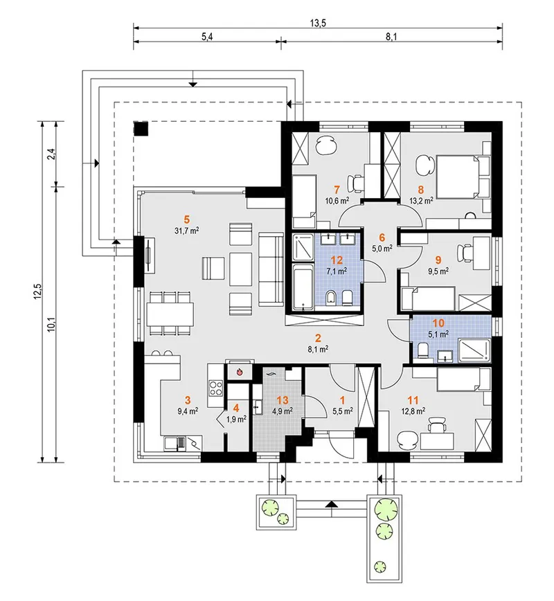 Main Floor 1 – 1300 Sq Ft House Plan with Open Concept Kitchen