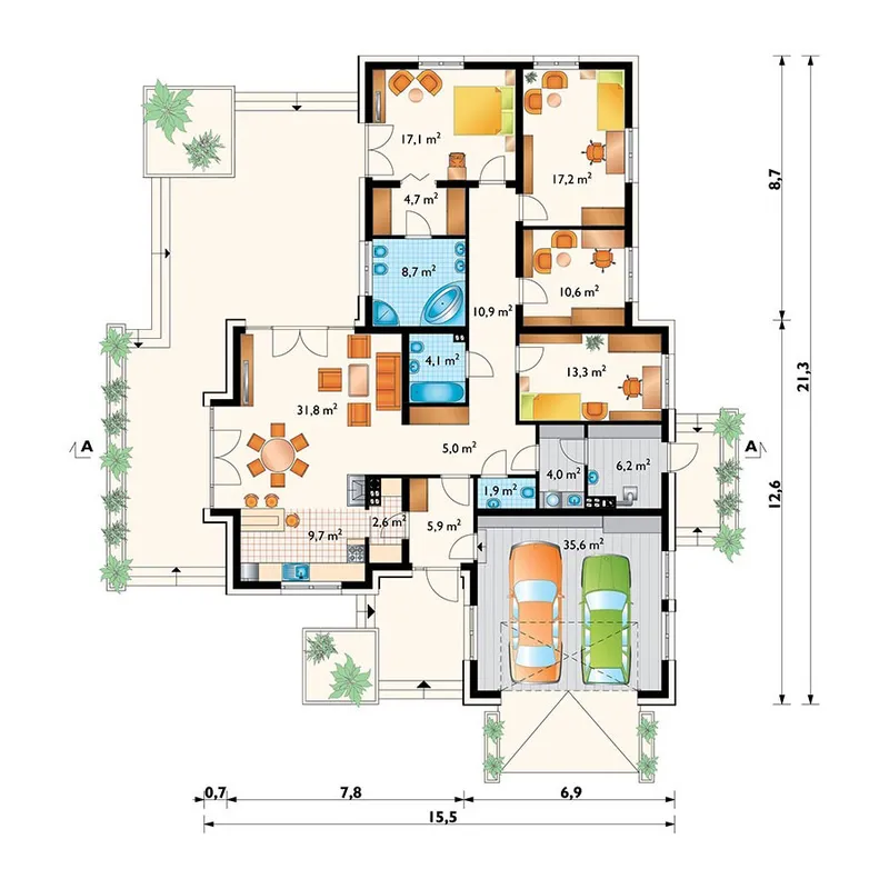 Main Floor 1 – 1700 Sq Ft House Plan with Hip and Valley Roof
