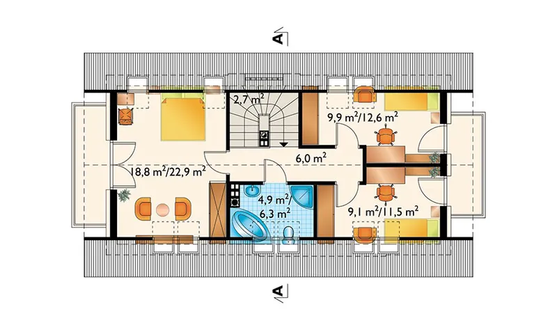 Second Floor 1 – 1400 Sq Ft Narrow Lot Home Plan with In-Law Suite